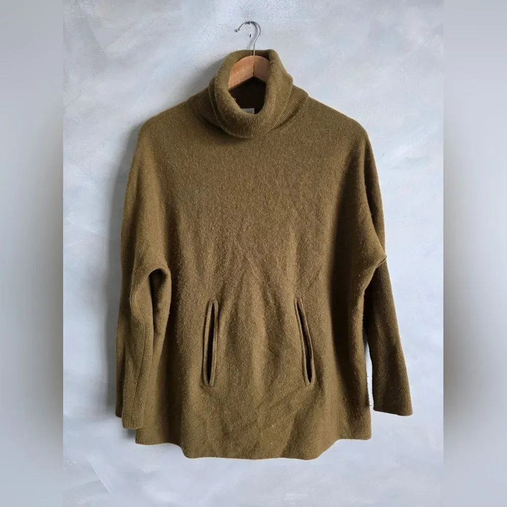 Garnet Hill Olive Color Turtleneck Sweater Wool Cashmere blend Kangaroo Pkt XL